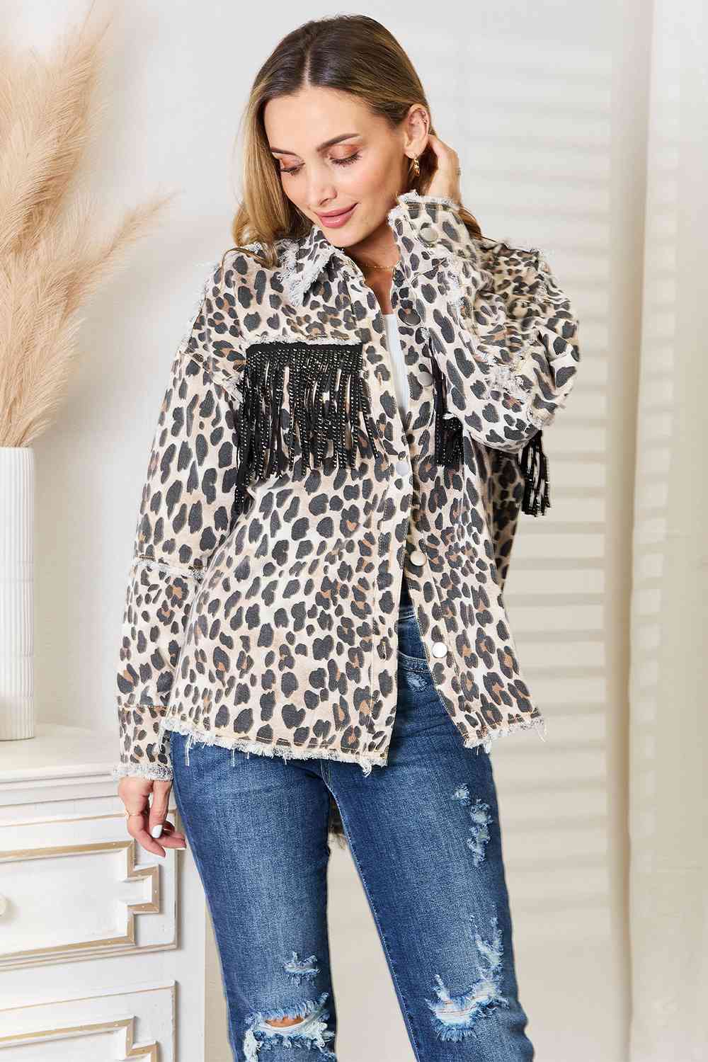 Lights Are Fading Faded Charcoal And Leopard Denim Jacket FINAL SALE – Pink  Lily